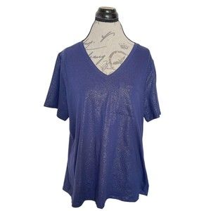 BCG Womens Blouse Top Blue Metallic V Neck Tee Size Plus 1X Short Sleeve NWT